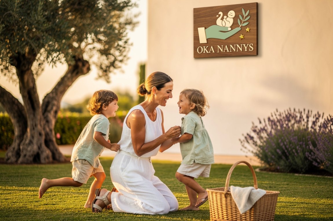 Oka Nannys nanny playing with two children on a Mediterranean villa lawn in Marbella
