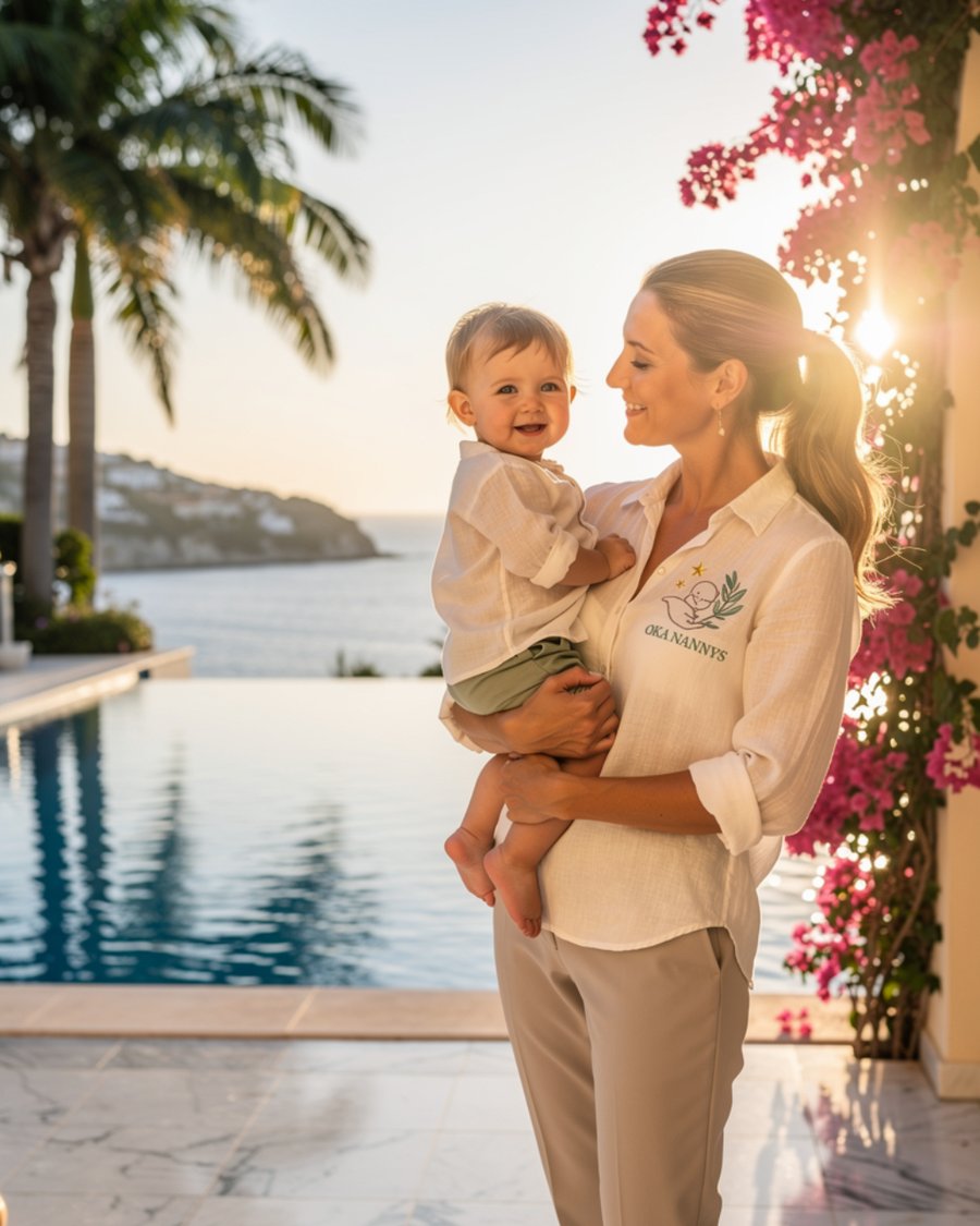 Oka Nannys nanny holding a happy baby beside a luxury infinity pool overlooking the sea in Marbella
